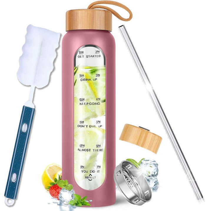 Sticla motivationala din sticla, SUPERO, 1000ml, capac din bambus, etui din silicon