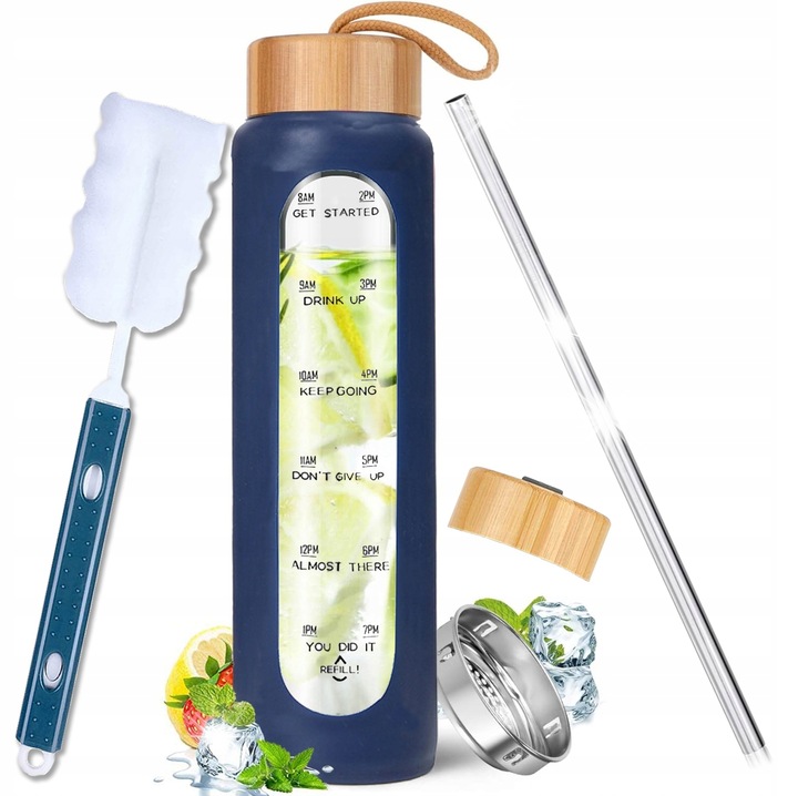 Sticla motivationala din sticla, SUPERO, 1000ml, capac din bambus, etui din silicon