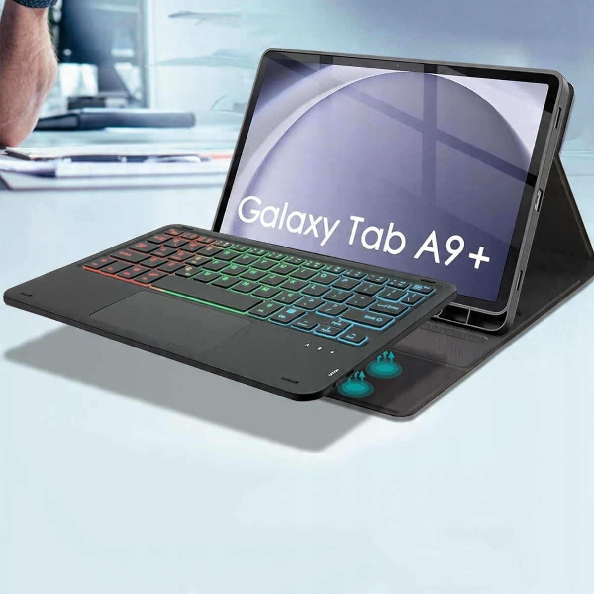 Etui cu tastatura RGB pentru Samsung Galaxy Tab A9+ Plus, wireless, iluminata, negru