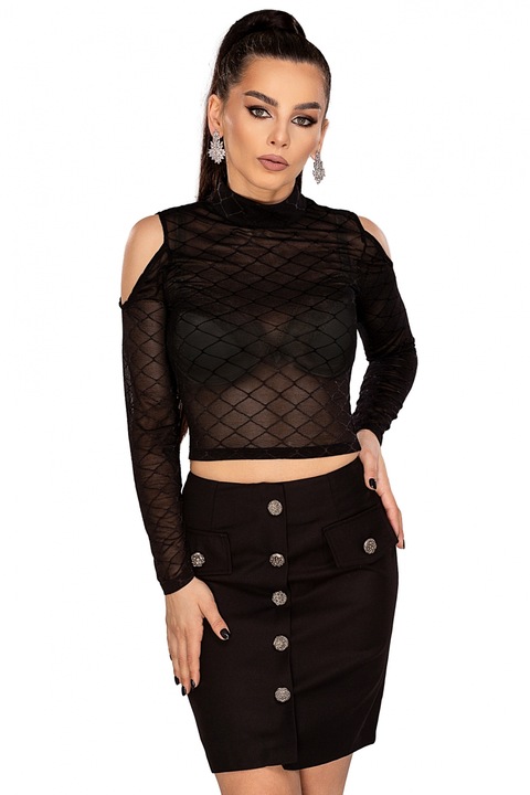 Bluza scurta din tull negru cu umeri decupati, Bln 351