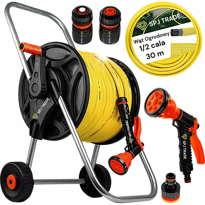 Комплект градински маркуч 30м, SPJ TRADE, 1/2", пистолет за поливане, 3 конектора, подвижна макара