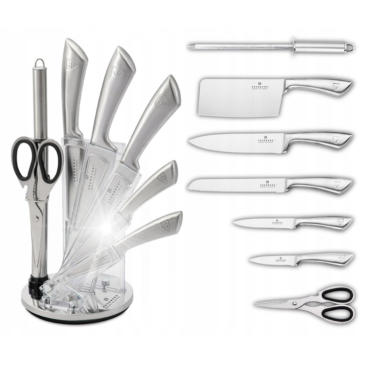 Set de 8 cutite de bucatarie Edenberg, cu suport, argintiu
