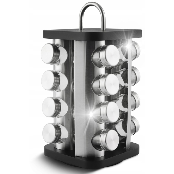 Set suport condimente Edenberg, 16 recipiente sticla, inox, rotativ, 18x18x27cm