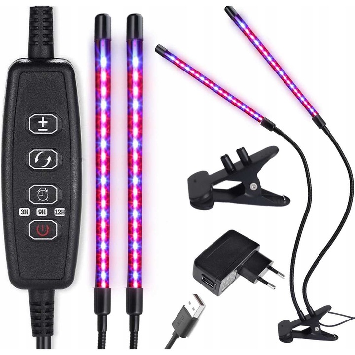 Set 2x Lampa LED pentru Cresterea Plantelor, Heckermann, 18W, 40 LED, Spectru Complet, Negru