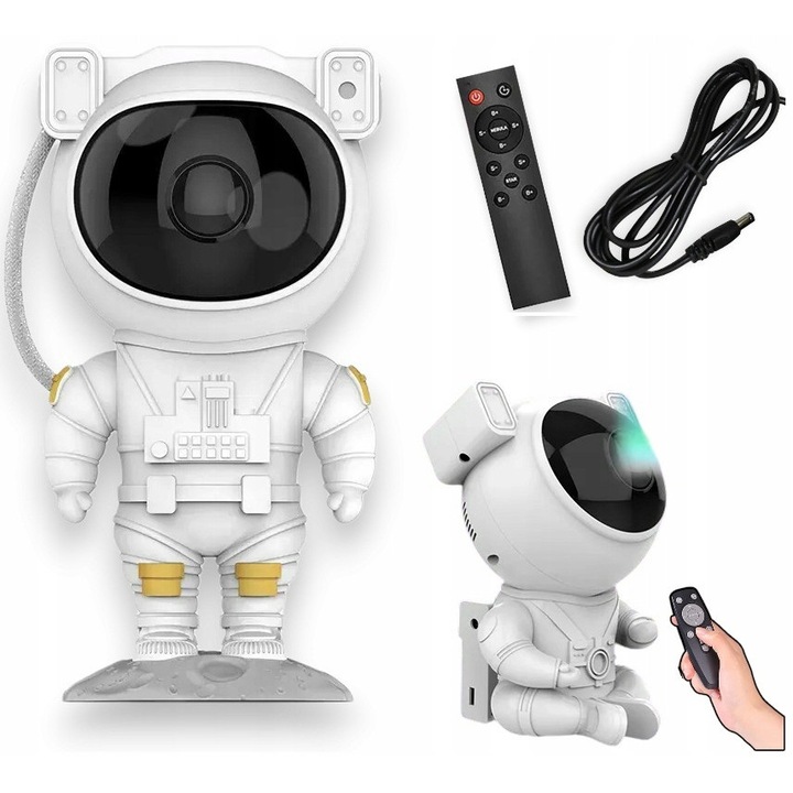 Proiector Astronaut, HECKERMANN, lampa de veghe LED, alb, 120x113x230mm, cu telecomanda