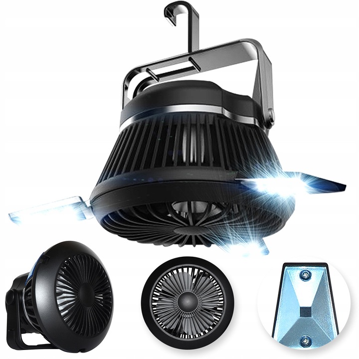 Ventilátor kempingezéshez, napelemes, LED lámpával, Heckermann, 4 az 1-ben, 3 sebességes, 4000 mAh, 390 g