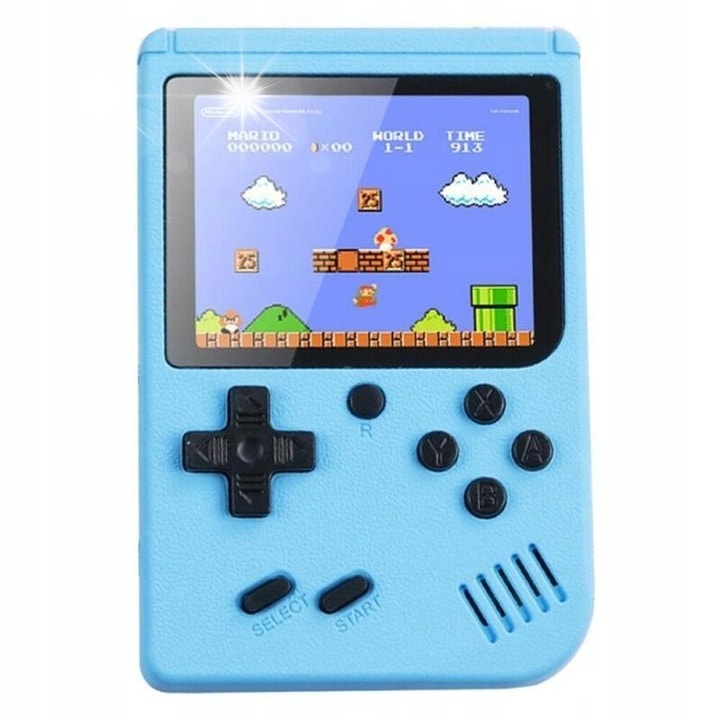 Consola portabila de jocuri, 500 jocuri incorporate, ecran 3" LCD color, baterie 1020 mAh, suport conexiune TV, cablu USB si AV inclus, albastru deschis