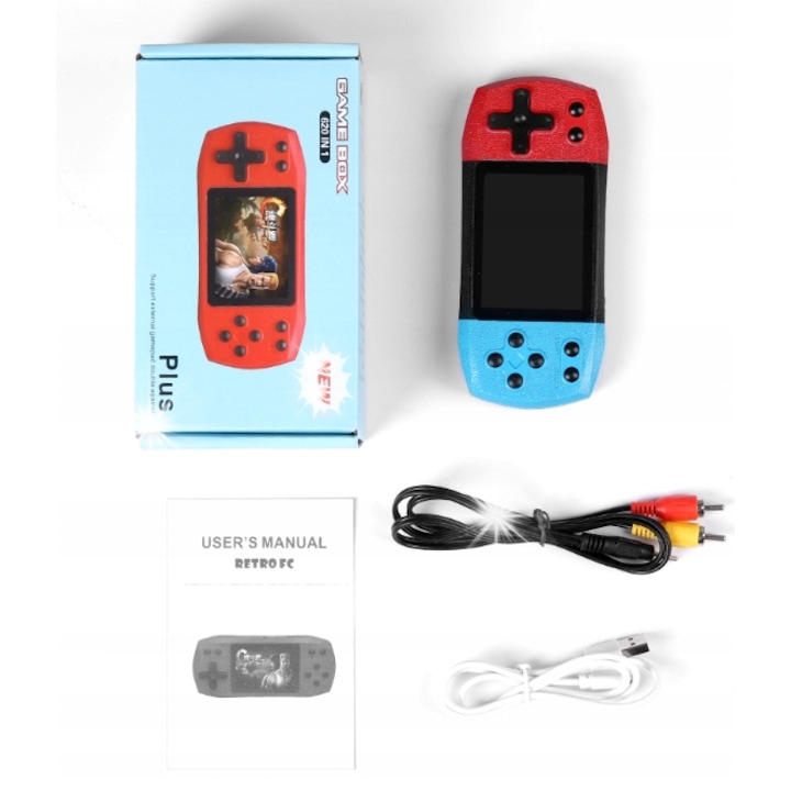 Consola portabila retro de jocuri 620 titluri, ecran 3 inch TFT, baterie 1000mAh, incarcare microUSB, iesire AV, 14,5×6,6×2 cm, rosu/albastru, cod 5907389777330