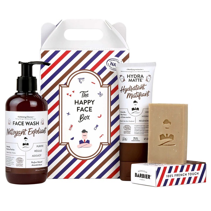 Szett The Happy Face Box, Monsieur Barbier, 3 darab, Rhassoul agyagos szappan, hámlasztó gél, hidratáló krém, 100g-250ml-75ml