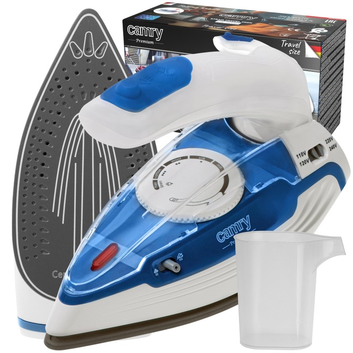 Fier de calcat turistic, pliabil, Camry, 1600W, abur, ceramica, 20,3x9,3x9,4cm, alb-albastru