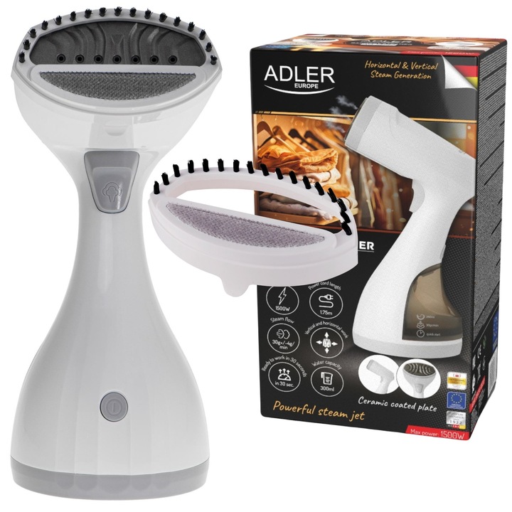 Fier de calcat cu abur Adler, 1500W, 27g/min, rezervor 280ml, culoare alba, cu perie pentru tesaturi