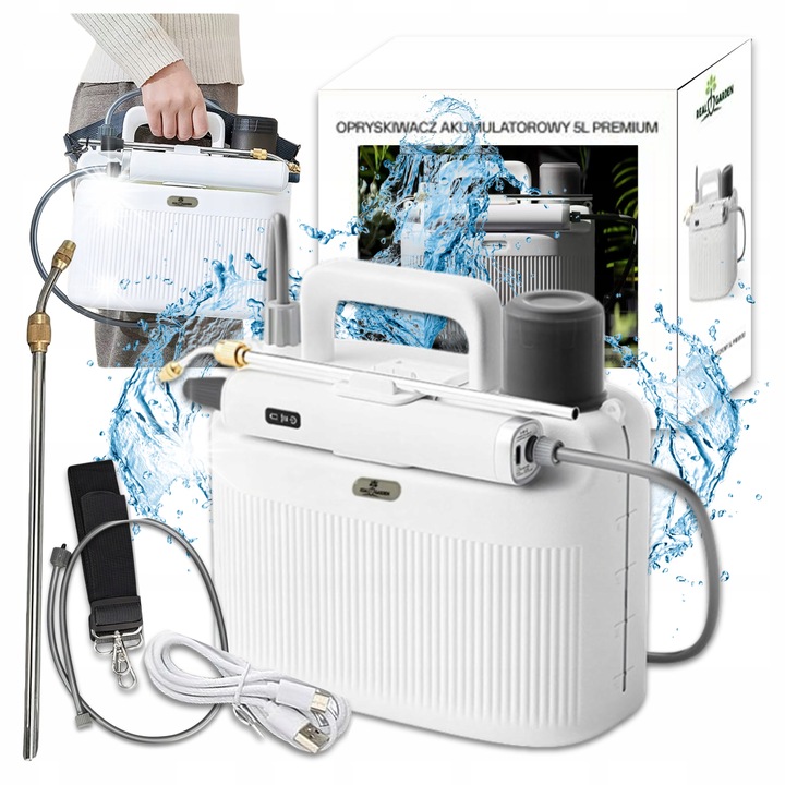 Opryskiwacz electric 5L, Real Garden, acumulator 2200 mAh, USB-C, culoare fildes, dimensiuni 27,5x14x25,5cm