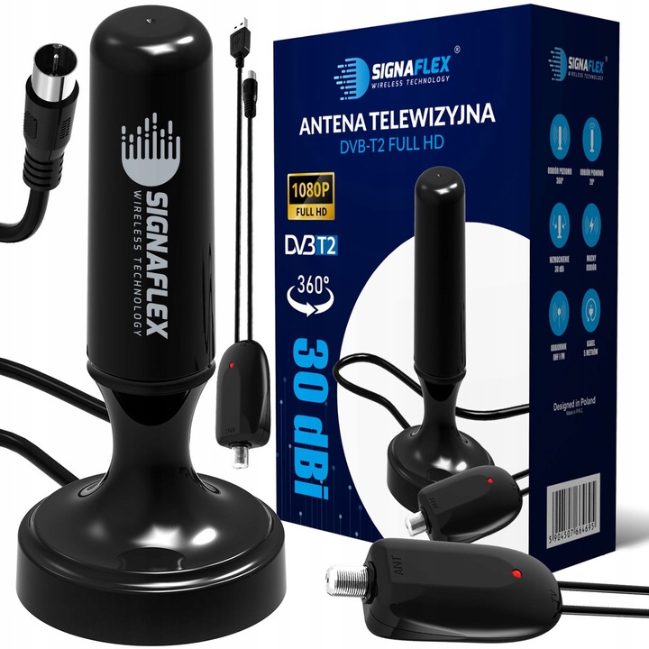 Активна антена за телевизор, Signaflex, DVB-T2, 360 градуса, 5м кабел, черна