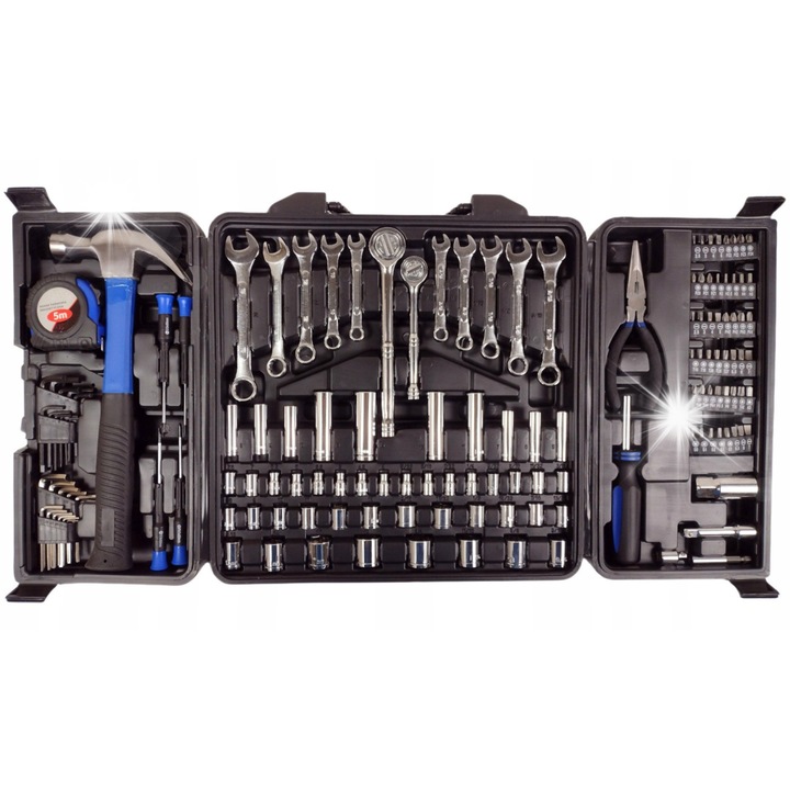 Set unelte 140 elemente, cutie transport, chei, ciocan, surubelnite, dimensiuni metrice si imperiale