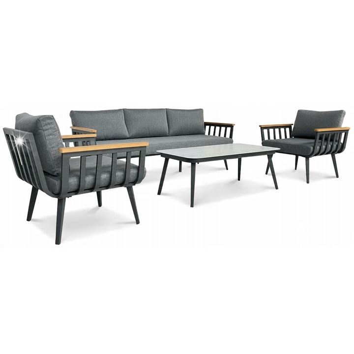 Set mobilier gradina, 3 persoane, cu perne, gri, 201x76x71cm, 120x60x42cm