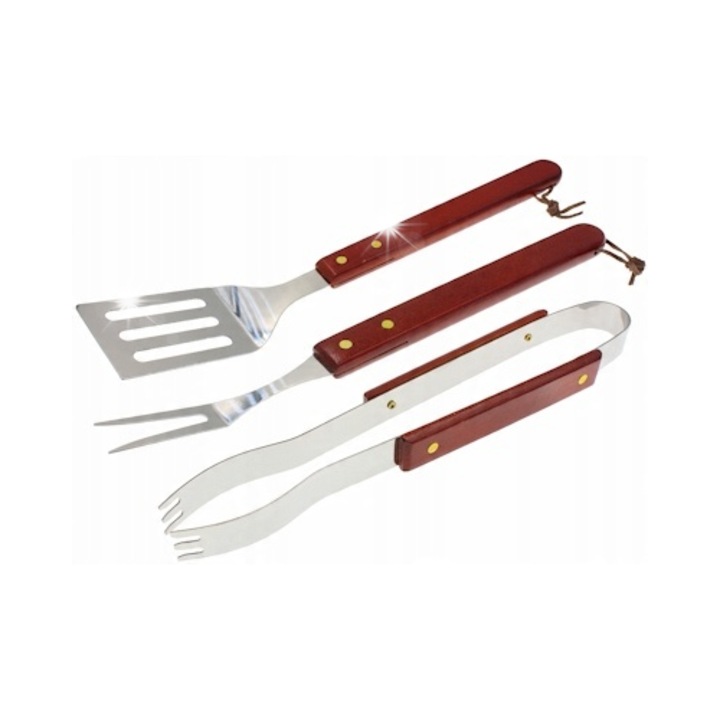 Set de unelte pentru gratar 3 in 1, accesorii din otel, cu spatula si cleste, rosu