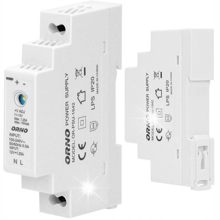 Incarcator pe sina DIN 12V 1,25A 15W pentru interfon si videointerfon, Orno, dimensiuni 18x90x58mm