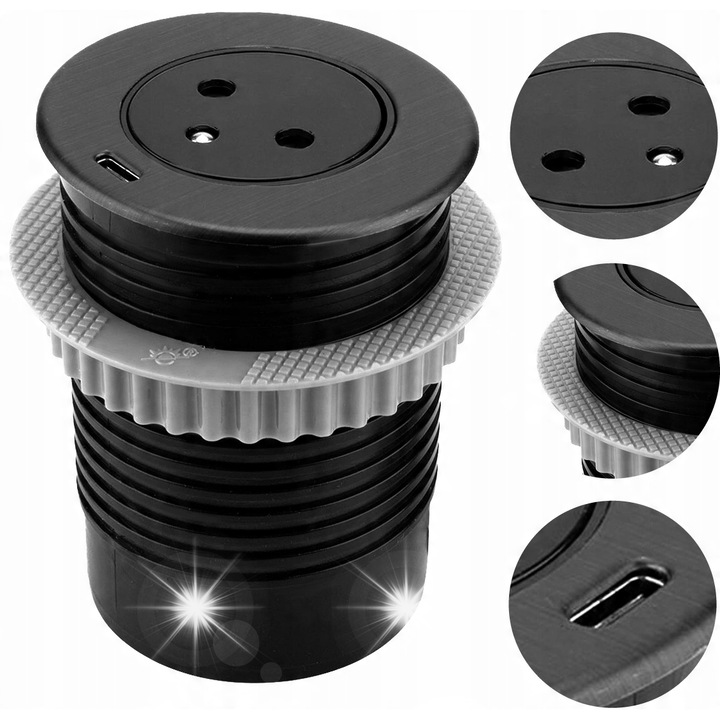 Mufa ascunsa in Blat Orno, 2P+Z, USB 3.0, 1,5m, Negru