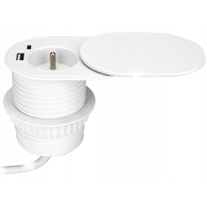 Мебелен контакт 6см с 2 USB, Orno, бял, 1x френски, кабел 1,9м