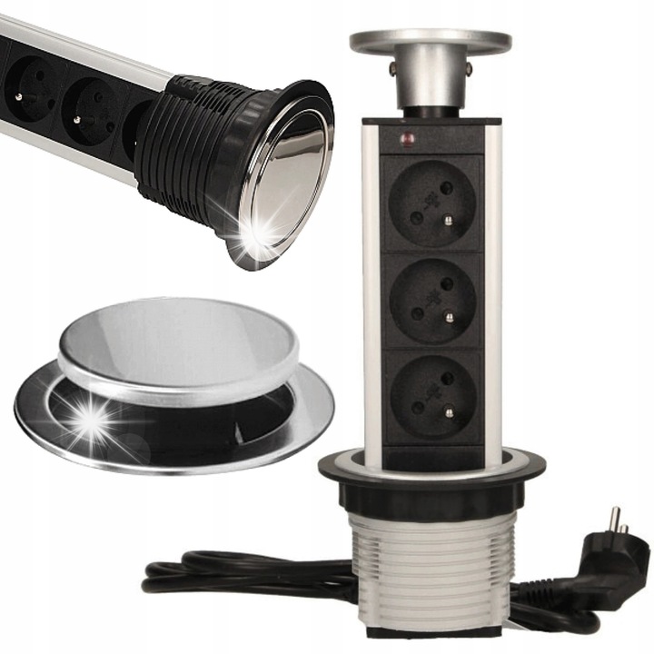 Изтеглящ се контакт за вграждане в плот 3x230V с 1,8м кабел, сребрист, Ø8см