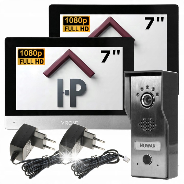 Videointerfon cu 2 monitoare 7", Full HD, Alb