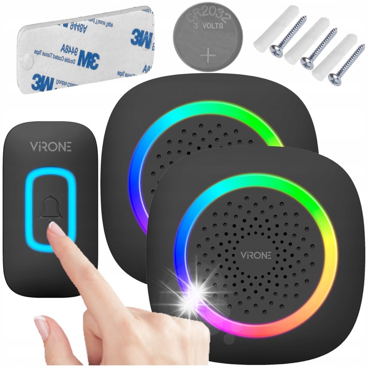 Sonerie electrica fara fir, Virone, set 2 receptoare, LED RGB, waterproof, 300m raza, 60 melodii