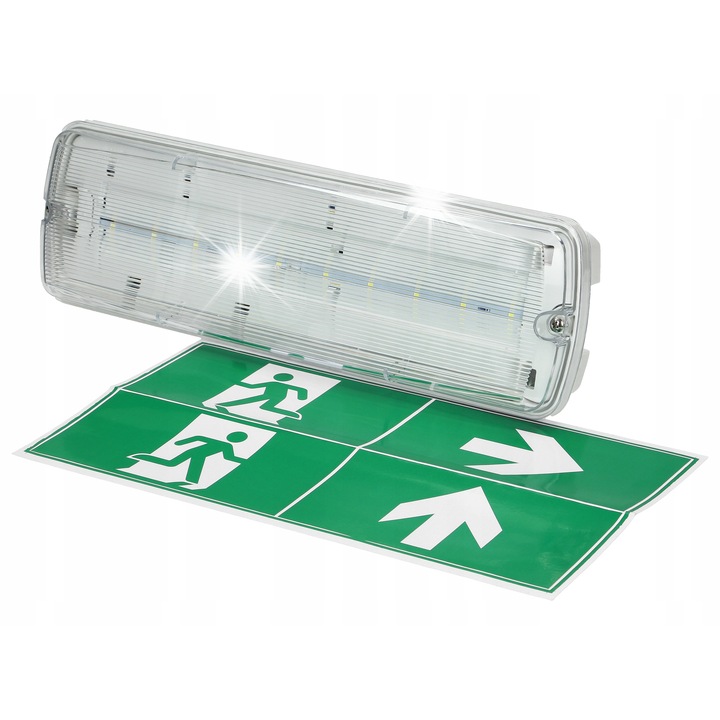 Lampa de urgenta LED 2,7W, 6000K, IP65, alb, dimensiuni 349x107x64mm, set cu piktograme de evacuare