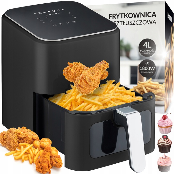 Friteuza aer, Heckermann, 1800W, 4L, neagra cu finisaj argintiu, 7 programe, cu 10 inlocuiri de hartie