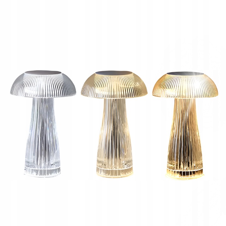 Lampa de masa LED tip ciuperca, transparenta, 25x15cm, cu acumulator reincarcabil, 3 niveluri de intensitate
