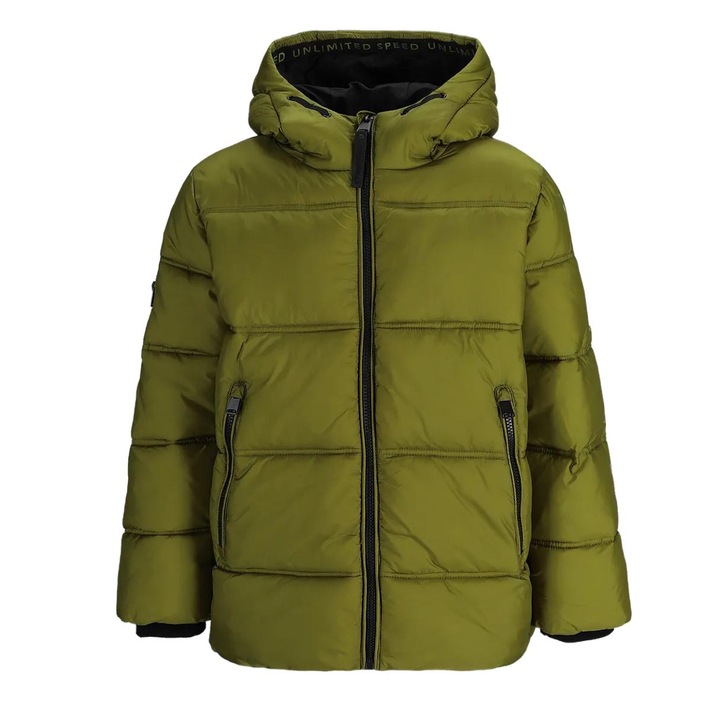 Geaca de iarna baieti Coccodrillo, matlasata, impermeabila, cu gluga, verde masliniu