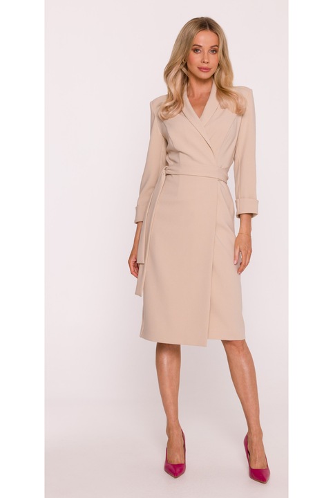 Rochie Midi S415 Beżowa Decolteu in V, Top mulat, Maneci 7/8 cu mansete, Talie cu curea, Bej