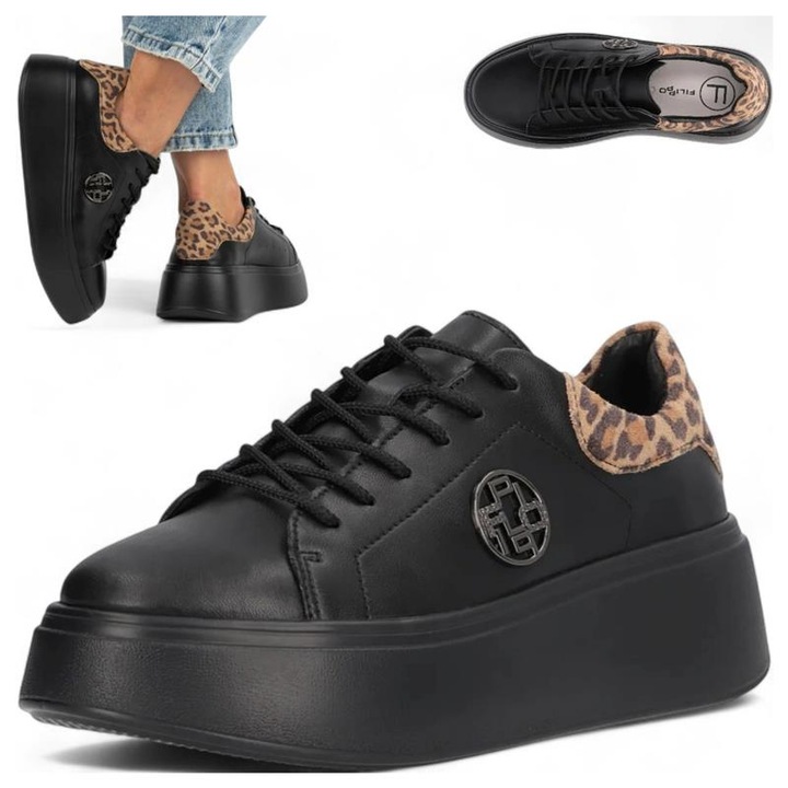 Pantofi Sport Dama, Filippo, Piele Naturala, Talpa Inalta, Negri, Imprimeu Leopard, Negru, 39