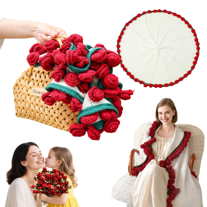 Frojtos takaró, lynker, Rózsacsokor takaró, 68 virág, 110 cm átmérő, Ajándék anyának vagy testvérnek, pároknak - esküvői évfordulóra vagy születésnapra