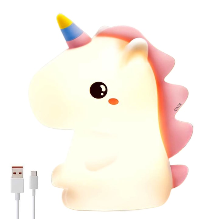 Lampa De Veghe Portabila Unicorn EDAR, Silicon Moale, Pentru Copii/Adulti, Control Tactil, 4 Culori Lumina Ambientala, Mod Schimbare Automata Culoare, Buton ON/OFF, Reincarcabila, Alb/Roz