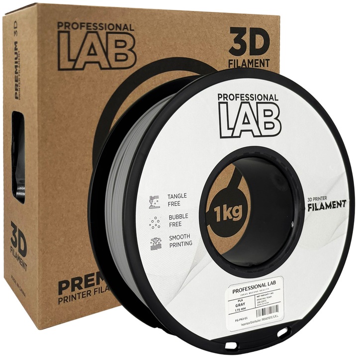 Rola filament, PLA Gri, 1kg, Professional Lab PLA Gray, diametru 1.75mm, compatibil cu majoritatea imprimantelor 3D FDM
