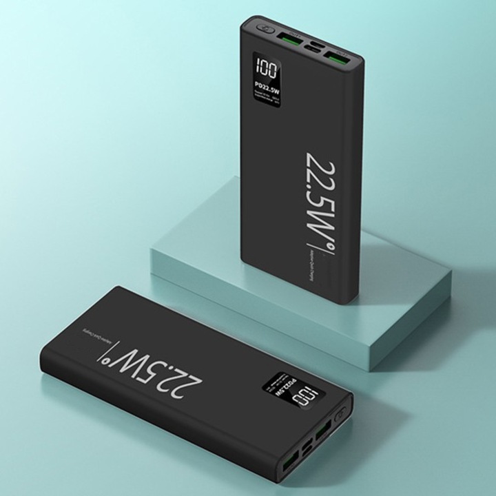 Baterie Externa Powerbank, Southern Sky, Ultra-Subtire cu Ecran Digital, Compatibilitate Universala, TYPE-C si USB x2, 10000 mAh, Power Delivery 22.5W, 144x66x16 mm, Negru