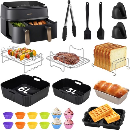 BYKITCHEN Heißluftfritteuse Zubehör für Philips Dual Basket 3000-Serie, 9L/Tefal 5,2/3,1 L Easy Fry, 2 Stück Luftfritteusenständer mit 5 Spießen,Air Fryer Zubehör für Tefal EY9018/Philips NA350/00