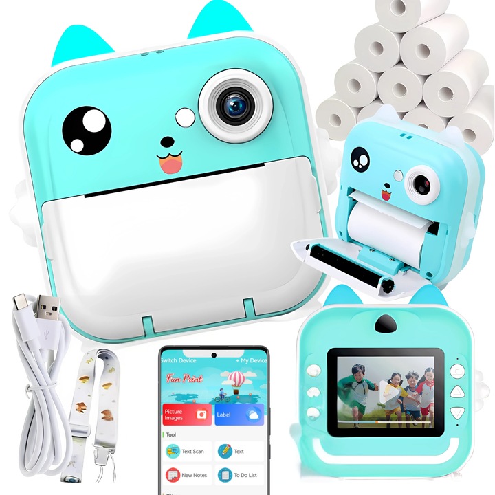 Моментален Фотоапарат LEWE, 2.0 + 23 Ролки Хартия Безплатно, Преносим, Камера 48MP, Bluetooth, Приложение Fun Print, Термопринтер, Включени Игри, Син