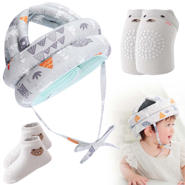 Set protectie copii casca, genunchiere si sosete antiderapante, gri, Funny Party Team®