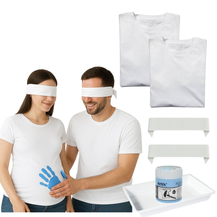 Kit aflare sex bebelus, Set Gender Reveal Party, Kit DIY Tricouri + vopsea textila roz/albastru, Baby Shower, anuntare bebe, cadou gravide, cadou pentru viitori parinti, petrecere de aflare a sexului