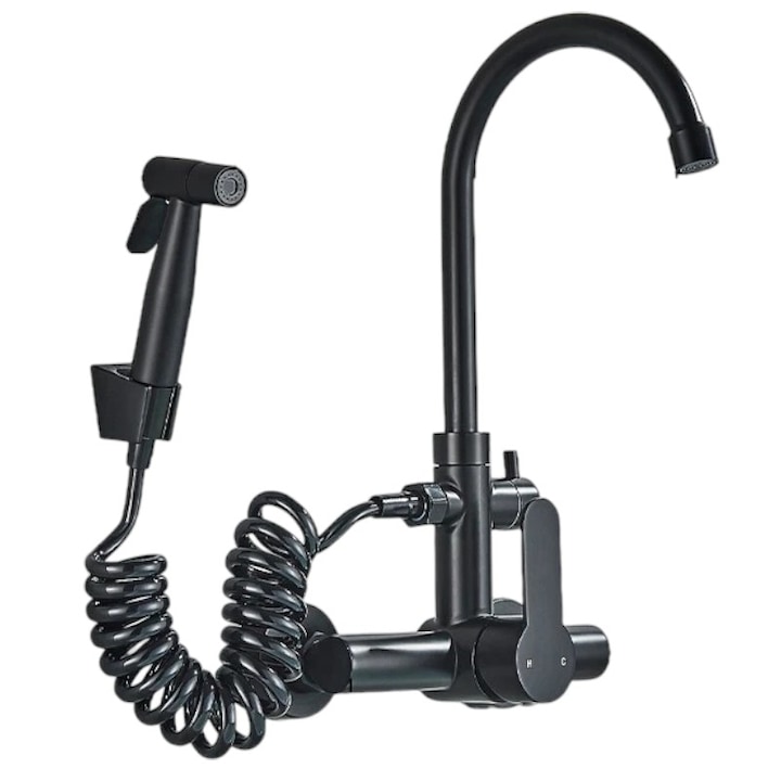 Смесител за мивка за кухня/баня BisDesign®, 2 режима на струя с изтеглящ се душ, матово черно покритие, 36 см