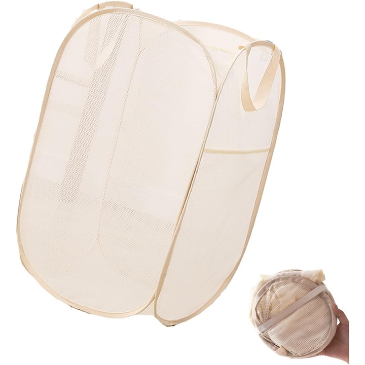 Cos de rufe pliabil din plasa cu structura metalica – capacitate mare, rezistent si usor de transportat, 36 x 36 x 58 cm, Bej