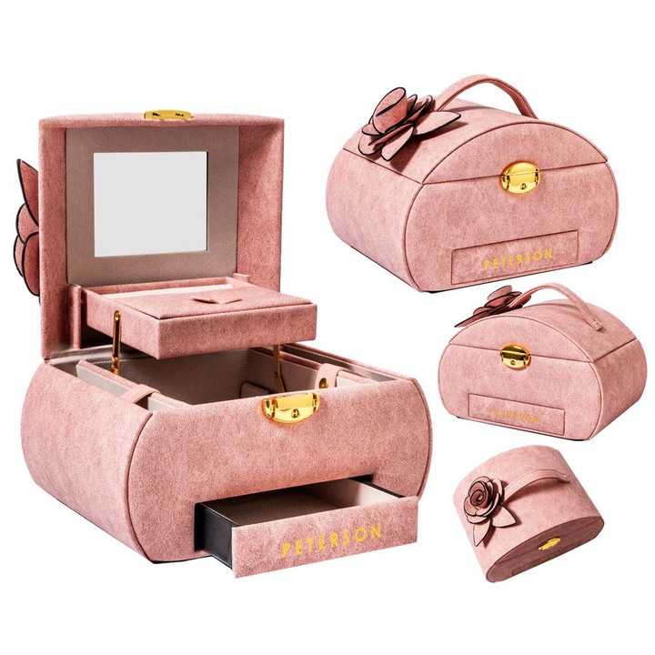 Cutie bijuterii, Peterson, roz, 3 niveluri, cu oglinda