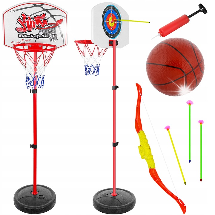 Gyermek játékszett, Kruzzel, kosárlabda palánk labdával és céltáblával, 2 az 1-ben, többszínű, 73-146 x 39 x 39 cm