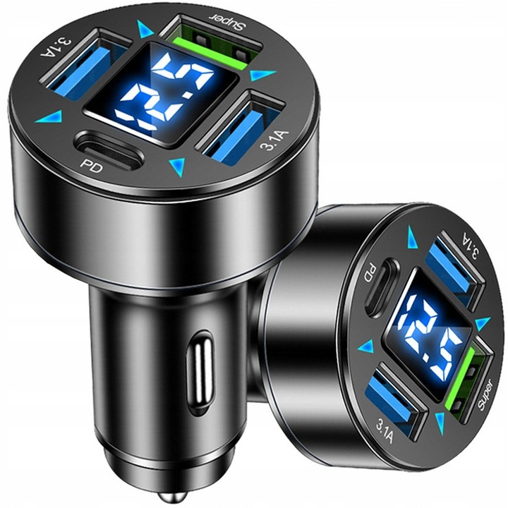 Incarcator auto/incarcator de masina Koanni PD 66W, incarcare rapida QC 3.0 si Power Delivery, 3x USB-A 3.1A + 1x USB-C, afisaj LED, negru, 1 buc