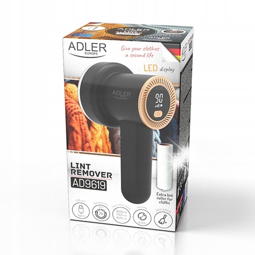 Aspirator de tesaturi Adler AD 9619 cu display LED, 3 viteze, 6.5cm, negru/auriu, set cu 2x role de curatare