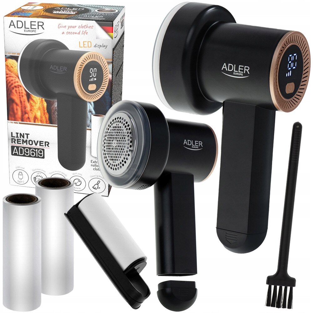 Aspirator de tesaturi Adler AD 9619 cu display LED, 3 viteze, 6.5cm, negru/auriu, set cu 2x role de curatare