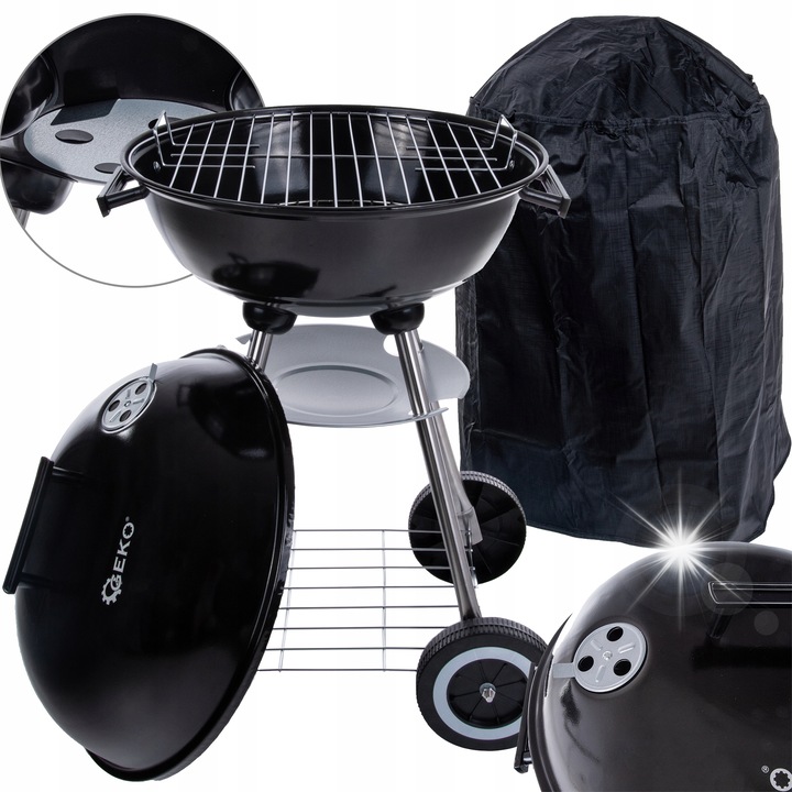 Gratar de gradina rotund cu capac, roti, suport si cenusar, 41cm, negru, 47x44x73cm