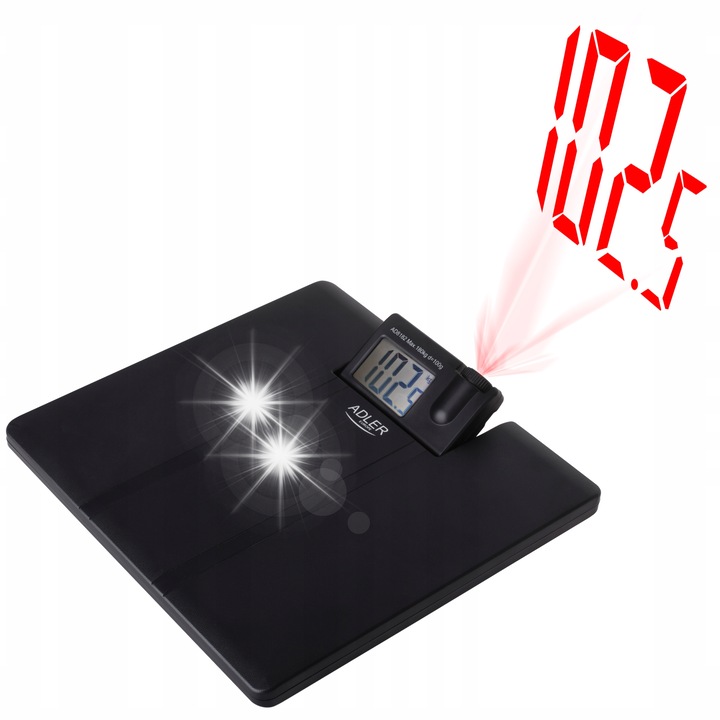 Кантар за баня с проектор Adler AD 8182, капацитет 180кг, размери 330x320x40мм, модерен дизайн