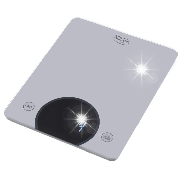 Cantar de bucatarie Adler, 10kg, gri, display LED, 160x200mm, set cu baterii